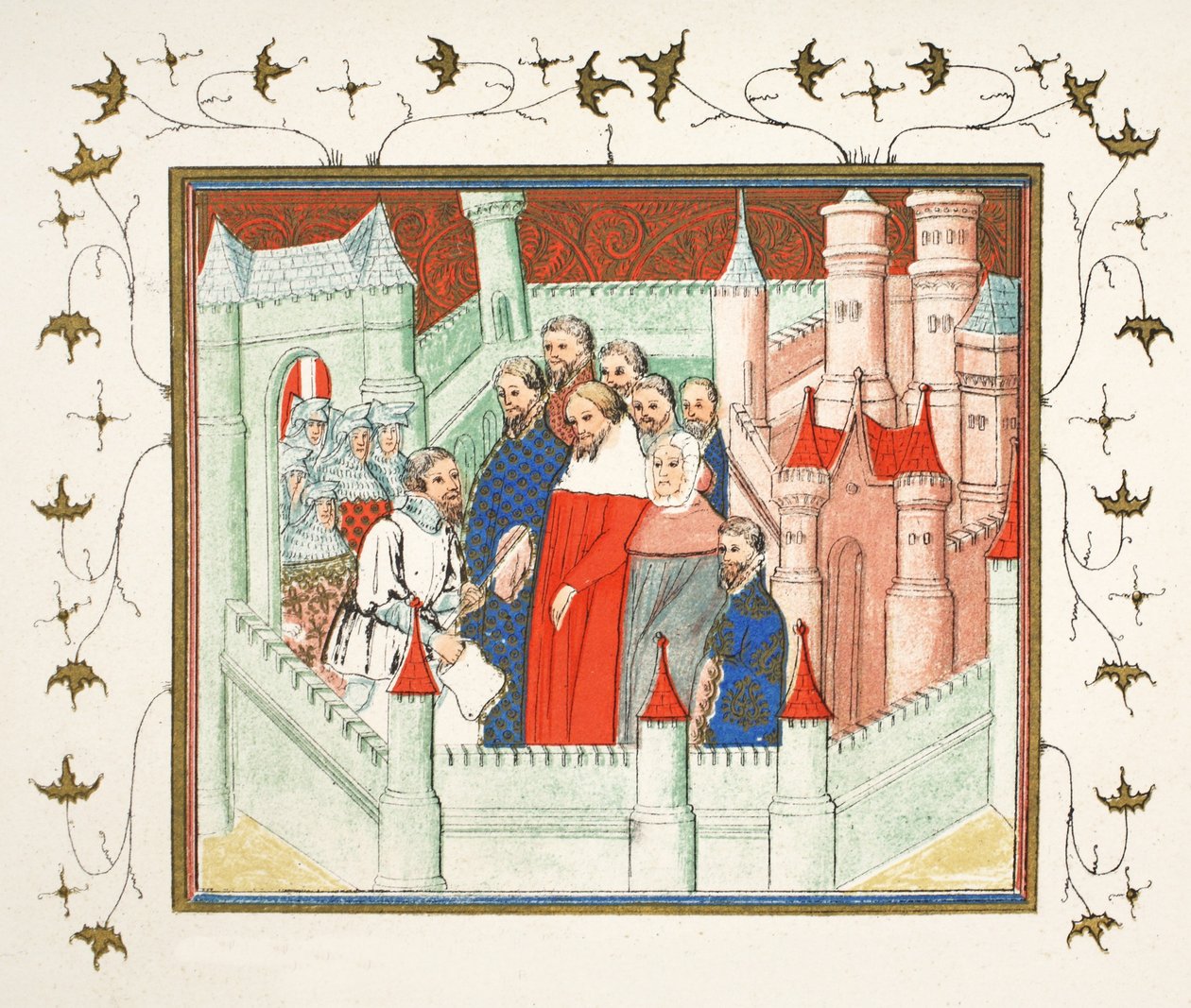 Ryszard II w zamku Flint, gdzie został przeniesiony do Bolingbroke, jego rywala do tronu, faksymile z Le Prinse et Mort du Roy Richart Jeana Cretona, przedruk XIX w. (kolor autorstwa French School