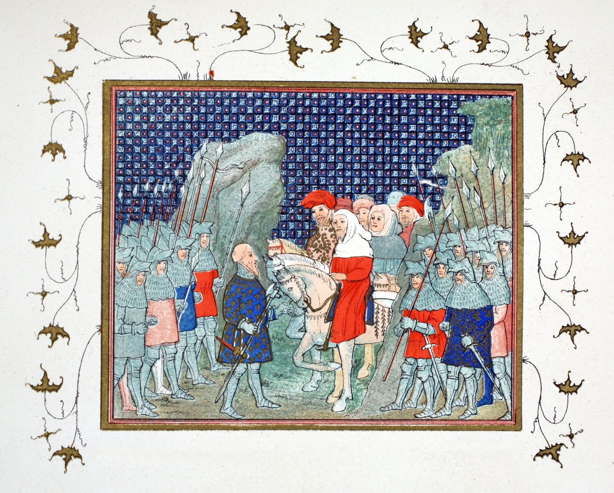 Ryszard II zdradzony w Penmaur Rhos i wzięty do niewoli przez księcia Northumberland, kopia faksymile z Le Prinse et Mort du Roy Richart autorstwa Jean Creton, przedruk XIX w. autorstwa French School