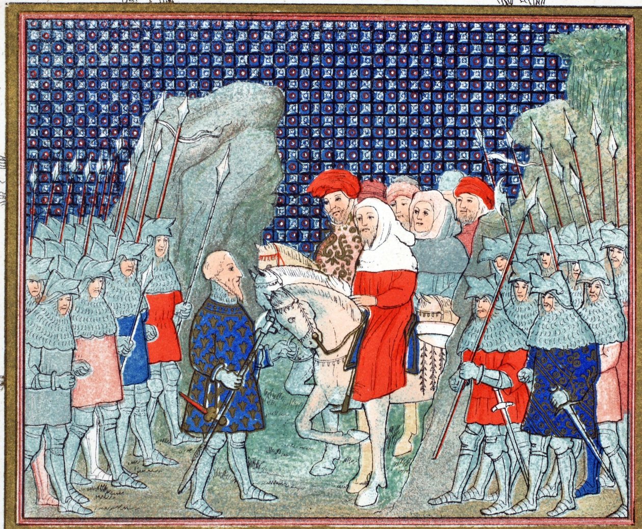 Ryszard II zdradzony w Penmaur Rhos i wzięty do niewoli przez księcia Northumberland, kopia faksymile z Le Prinse et Mort du Roy Richart autorstwa Jean Creton, przedruk XIX w. autorstwa French School
