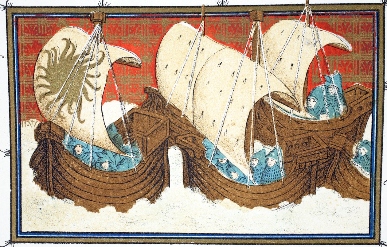 Richard IIs i jego flota lądowania Milford Haven, faksymile z Le Prinse et Mort du Roy Richart autorstwa Jean Creton, przedruk z XIX wieku autorstwa French School