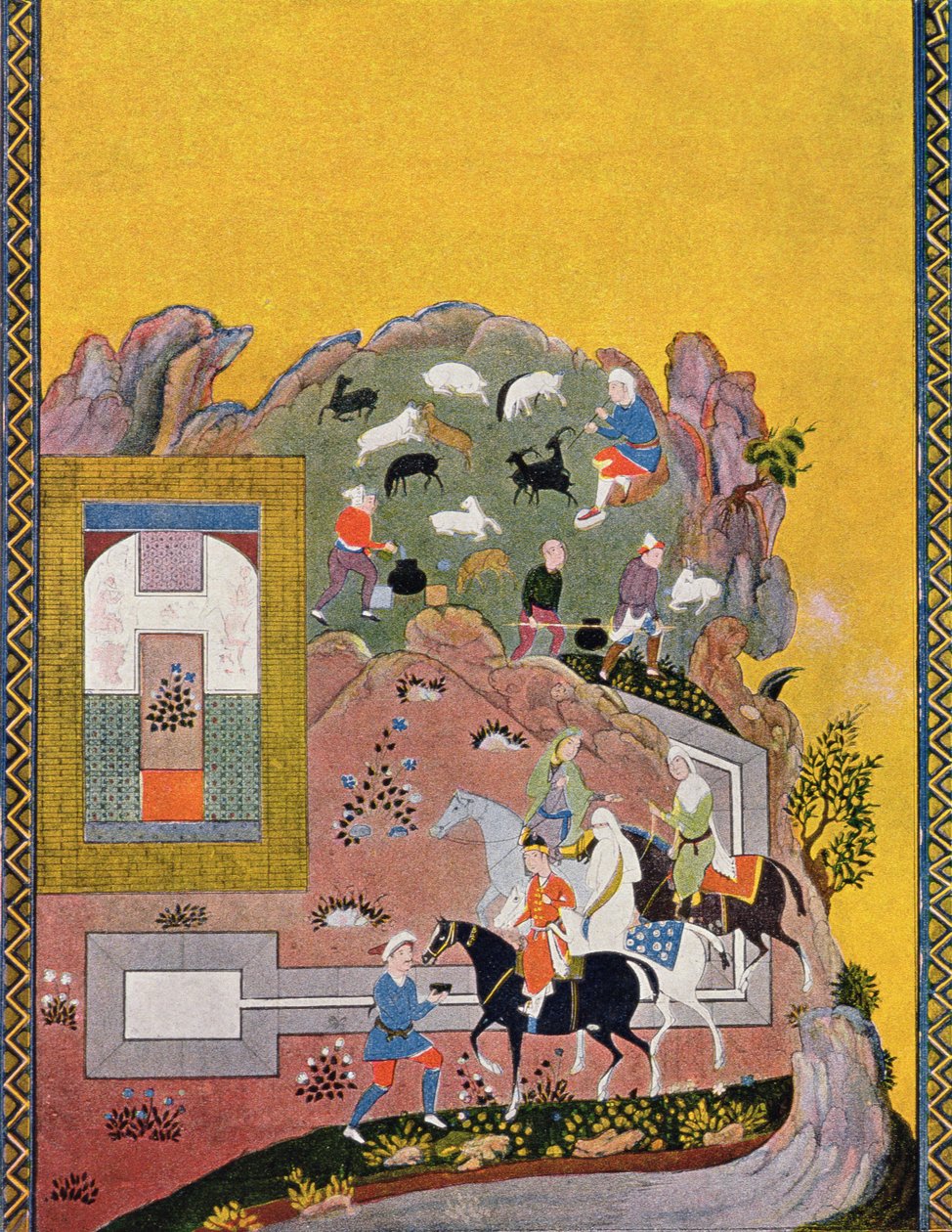 Jeździec i jego harem, ilustracja do The Arabian Nights, 1895 (kolorowa grawerunek) autorstwa French School
