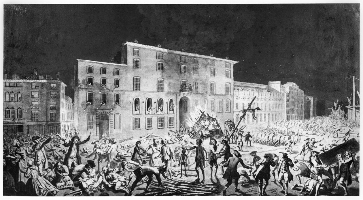 Zamieszki w Lyonie, 27 listopada 1768 (tusz i pranie na papierze) autorstwa French School