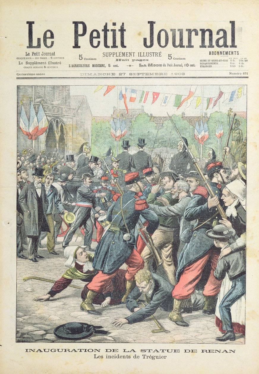 Zamieszki w Treguier podczas inauguracji pomnika Renana, ilustracja na okładce „Le Petit Journal”, 27 września 1903 autorstwa French School