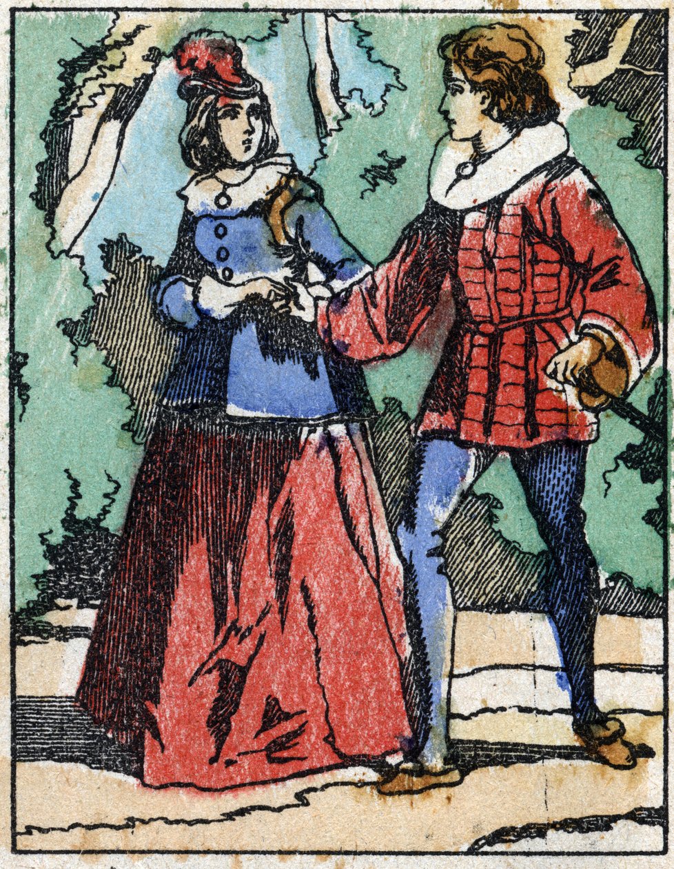 Riquet ponownie przedstawia się księżniczce. Ilustracja do „Riquet a la houppe”, opowiadania Charlesa Perraulta (1628-1703), francuskiego pisarza. Drzeworyt Imaging Pellerin - Epinal, sd. Koniec XIX wieku. autorstwa French School