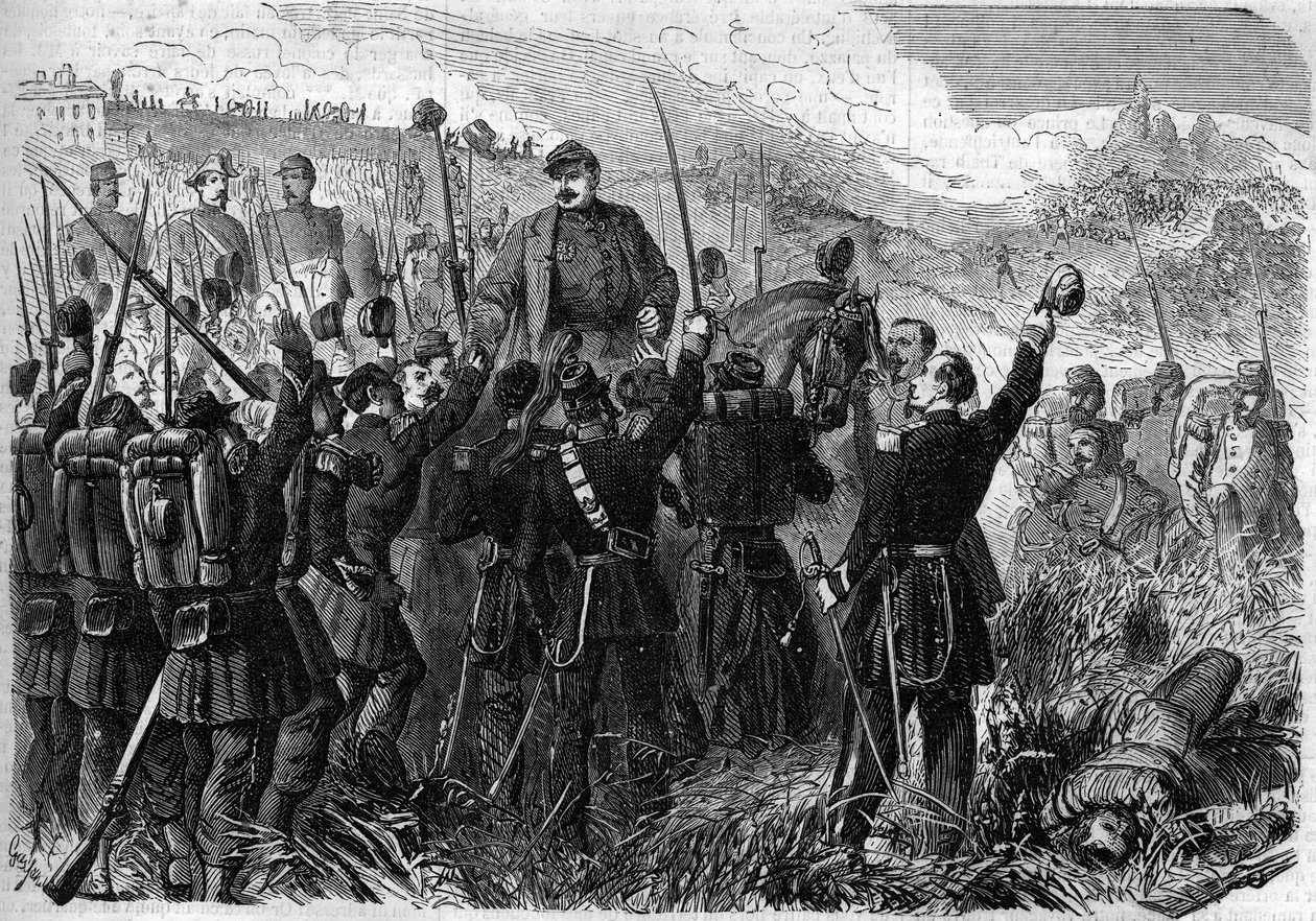 Risorgimento - Bitwa pod Montebello della Battaglia (Włochy), 21 maja 1859: francuski generał Elie Frederic Forey (1804 - 1872), dowódca armii włoskiej, został zatriumfowany przez swoich żołnierzy po zwycięstwie nad armią austriacką. Grawerowanie w „” Le M autorstwa French School