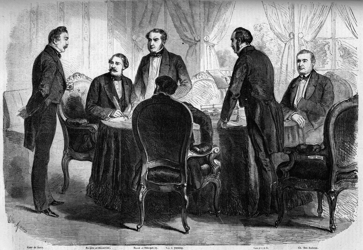 Risorgimento - Traktat Zuryski - 10 listopada 1859: podpisanie Traktatu Zuryskiego przez pełnomocników Francji, Austrii i Sardynii. Austria musi pozostawić Lombardię Włochom. Grawer w „Le Monde Illustré” nr 136 z 19 listopada 1859 r. autorstwa French School