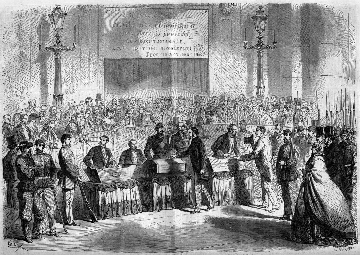 Risorgimento, Neapol, 21 października 1860: głosowanie ludności w kościele św. Franciszka de Paule w sprawie przyłączenia miasta do Królestwa Włoch. Grawer w „Le Monde Illustré” nr 188 z 17 listopada 1860 r. autorstwa French School