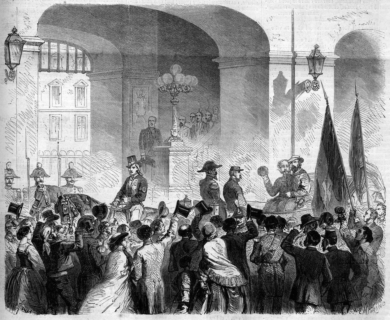 Risorgimento, Neapol, 7 listopada 1860: wjazd Wiktora Emanuela II (Victor-Emmanuel) (Vittorio Emanuele) (1820-1878), króla Włoch, do Pałacu Królewskiego w Neapolu po głosowaniu ludności akceptującej przyłączenie Neapolu do Królestwo Włoch autorstwa French School