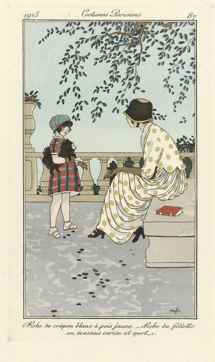 Biała sukienka Crépon w żółte kropki - Dziewczęca sukienka w wiśniowy i zielony tartan, z Costumes Parisien, wyd. 1913 (nadruk szablonowy) autorstwa French School