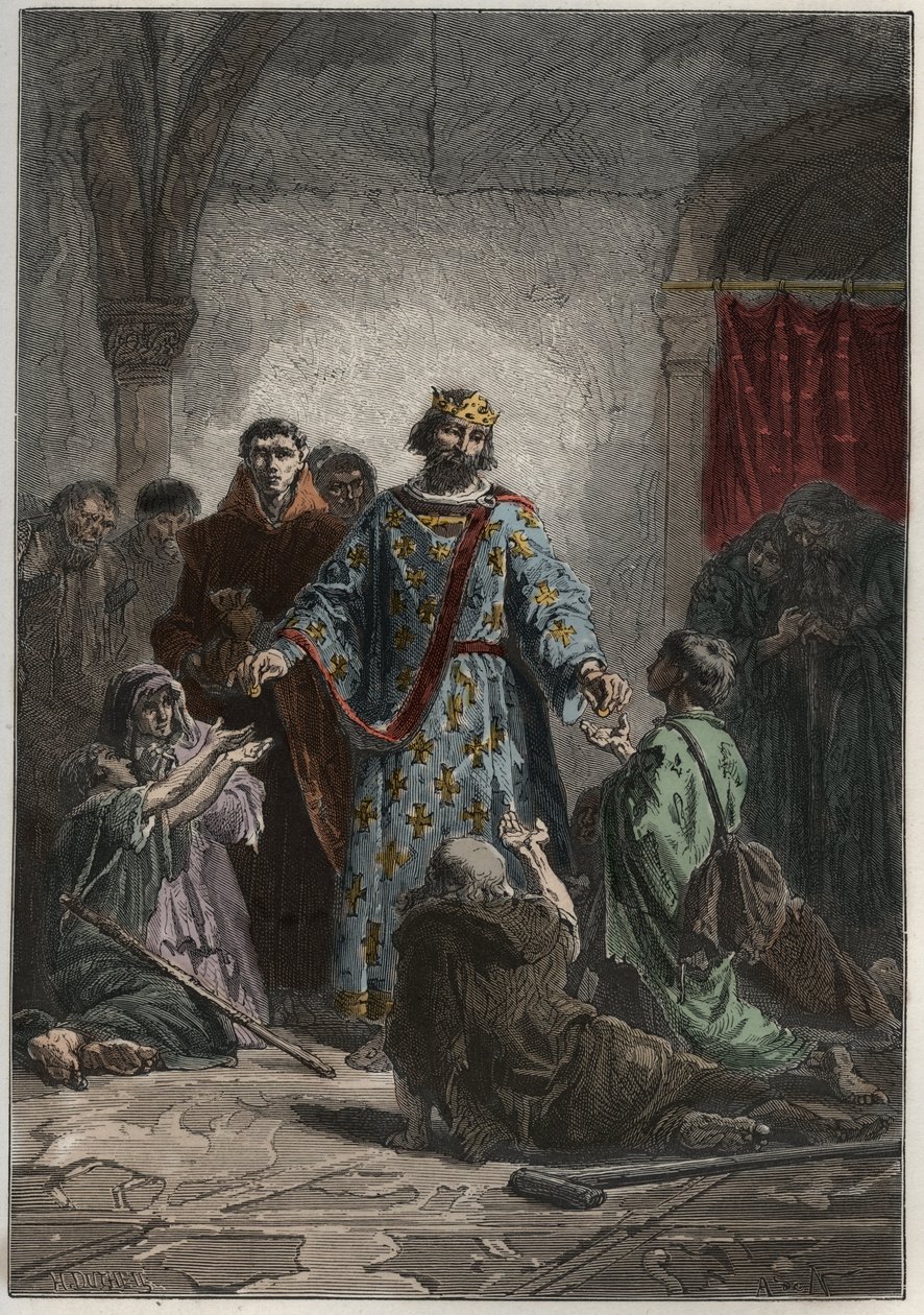 Robert II Pobożny (972-1031), kapetyński król Francji w latach 996-1031, miał życzliwe uczucie dla słabych i biednych - rycina z ""L