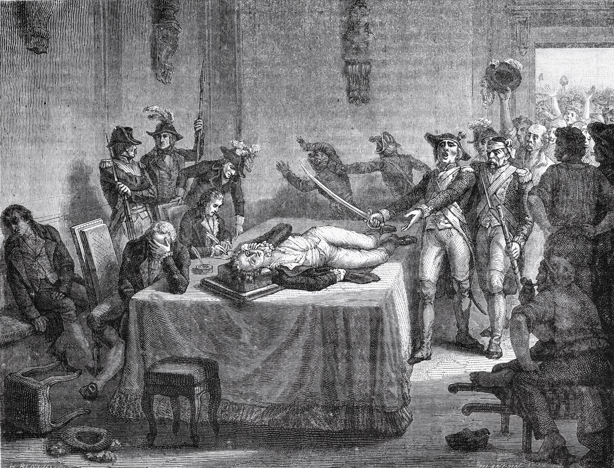 Robespierre czekający na egzekucję po zastrzeleniu się w szczękę w 1794 r. autorstwa French School
