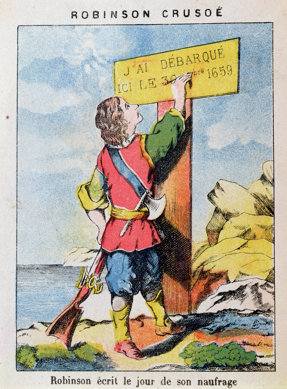 Robinson Crusoe zapisuje datę wraku autorstwa French School