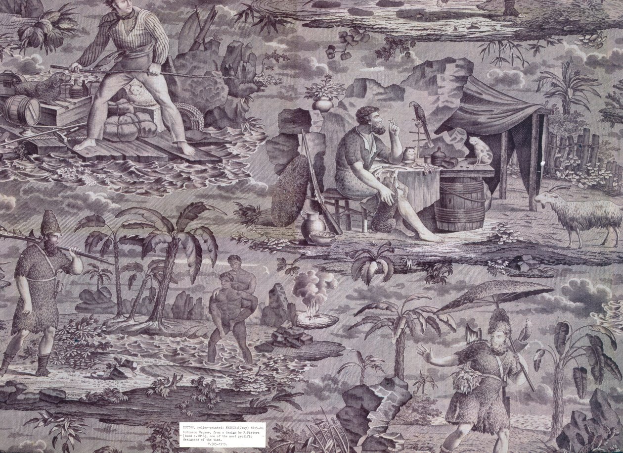 Robinson Crusoe, według projektu F. Pietersa, ok. 1815-20 (bawełna zadrukowana wałkiem) autorstwa French School