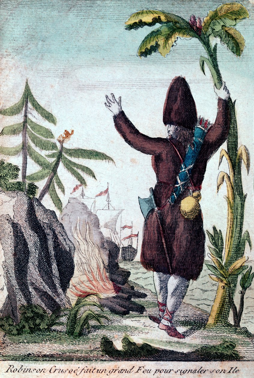 Robinson Crusoe rozpala ogień, aby zwrócić uwagę na swoją wyspę, Imagerie Basset (kolor grawerowania) autorstwa French School