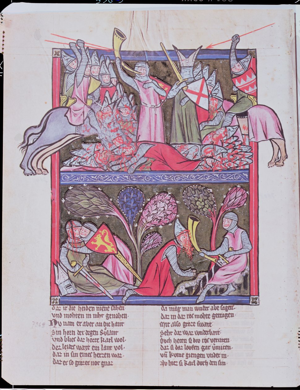 Roland dmucha w róg w Roncevaux, ilustracja z Le Chanson de Roland, kopia oryginalnego rękopisu przechowywanego w Saint-Gall w Szwajcarii autorstwa French School