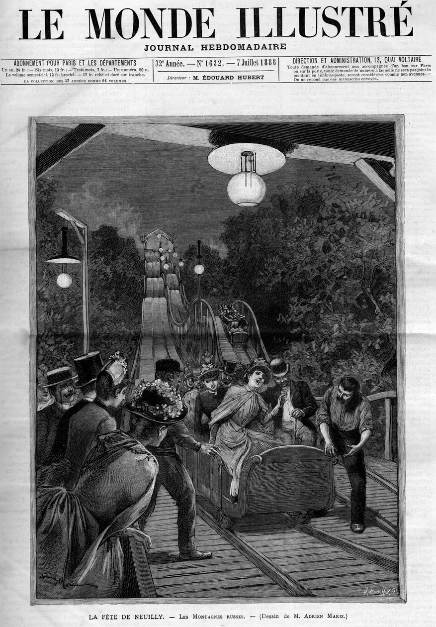 Rollercoaster, w święto Neuilly sur Seine, lipiec 1888. Okładka gazety „The Illustrous World””. autorstwa French School