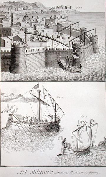 Roman Machinery for Naval Warfare, z „Encyclopedie des Sciences et Metiers” Denisa Diderota (1713-84), opublikowana ok. 1770 (rycina) autorstwa French School