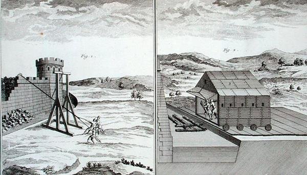 Roman Siege Machinery, z „Encyclopedie des Sciences et Metiers” Denisa Diderota (1713-84), wydana ok. 1770 (rycina) autorstwa French School