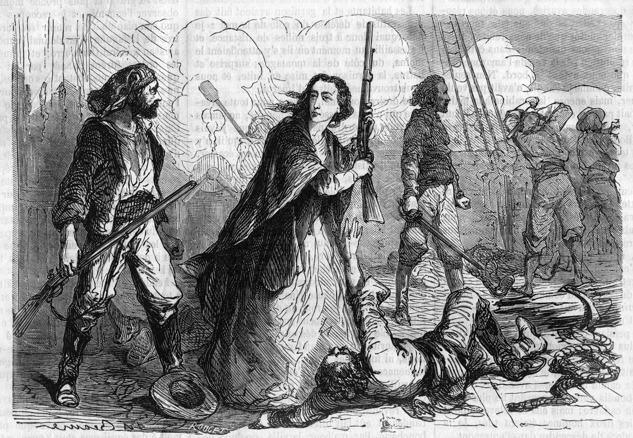 Seria rzymska: „Pomniki Józefa Garibaldiego”” Aleksandra Dumasa (1802-1870). Anita Garibaldi (1821-1849), żona Giuseppe Garibaldiego, biorąca udział w bitwie z karabinem w ręku. Grawer w „”Les bons romance”” autorstwa French School
