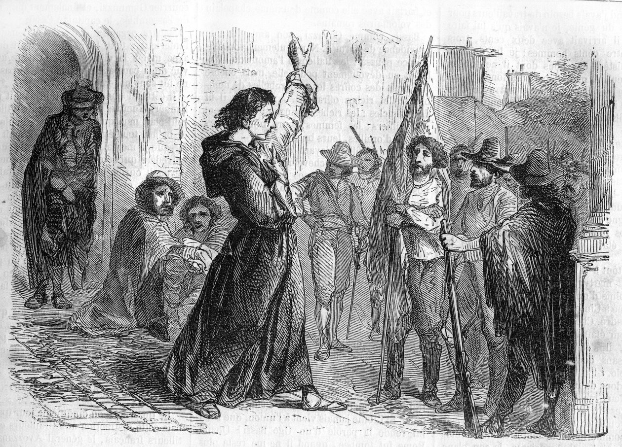 Seria rzymska: „Pomniki Józefa Garibaldiego”” Aleksandra Dumasa (1802-1870). Ugo Bassi (1800-1849) przemawiający do tłumu, aby zachęcić ludność do udziału w Risorgimento w 1848 r. Grawerowanie w „”Les bons romances”” autorstwa French School