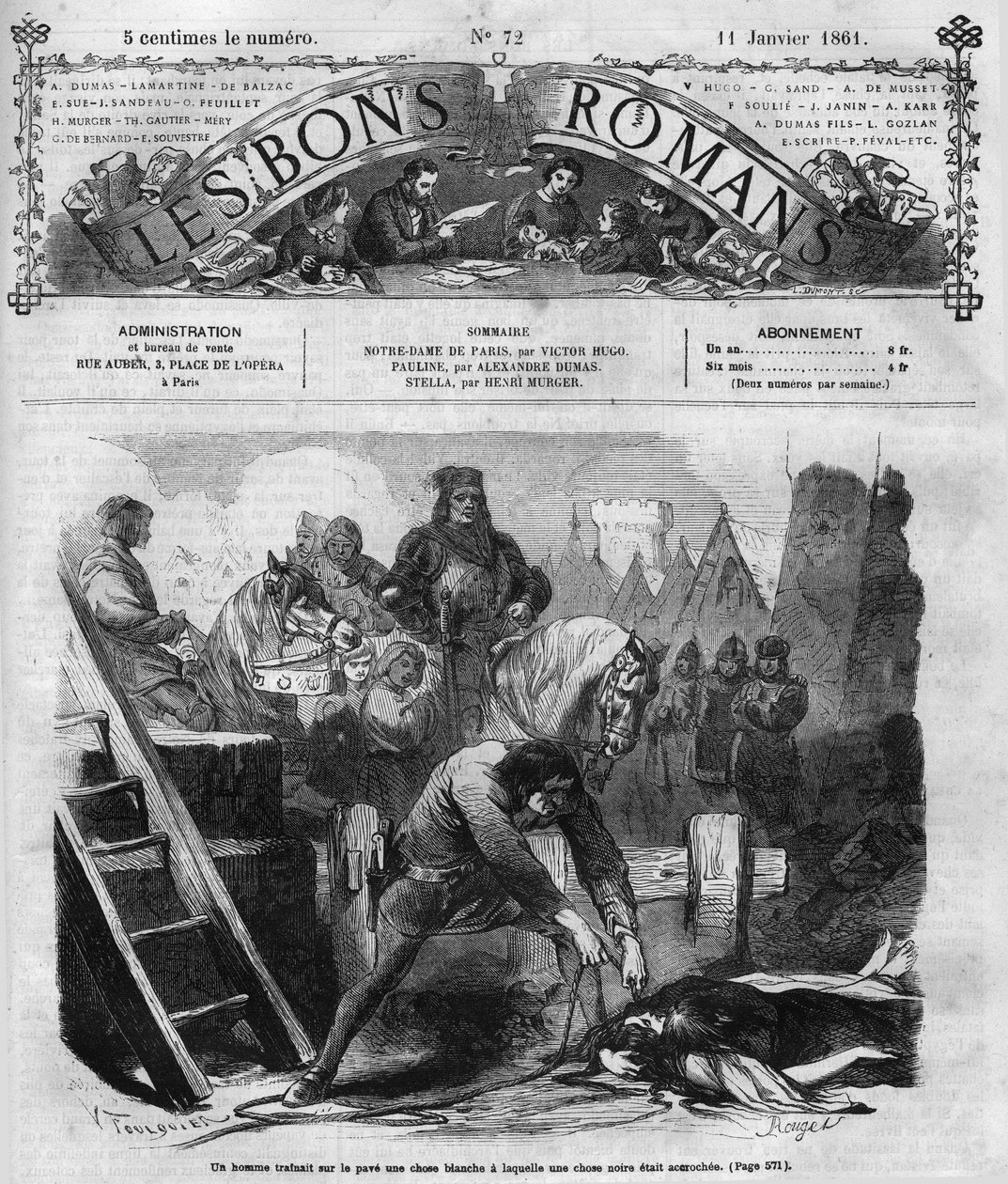 Serial rzymski: „”Notre Dame de Paris”” Victora Hugo (1802-1885). Mężczyzna osusza dwie kobiety na chodniku. Grawer w „”Les bons romance”” autorstwa French School
