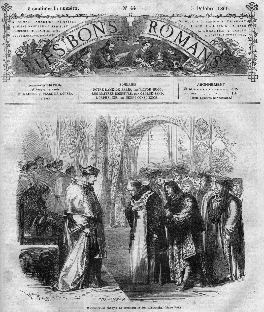 Powieść serial: „”Notre Dame de Paris”” Victora Hugo (1802-1885). Grawerowanie w „”Dobre romanse”” autorstwa French School