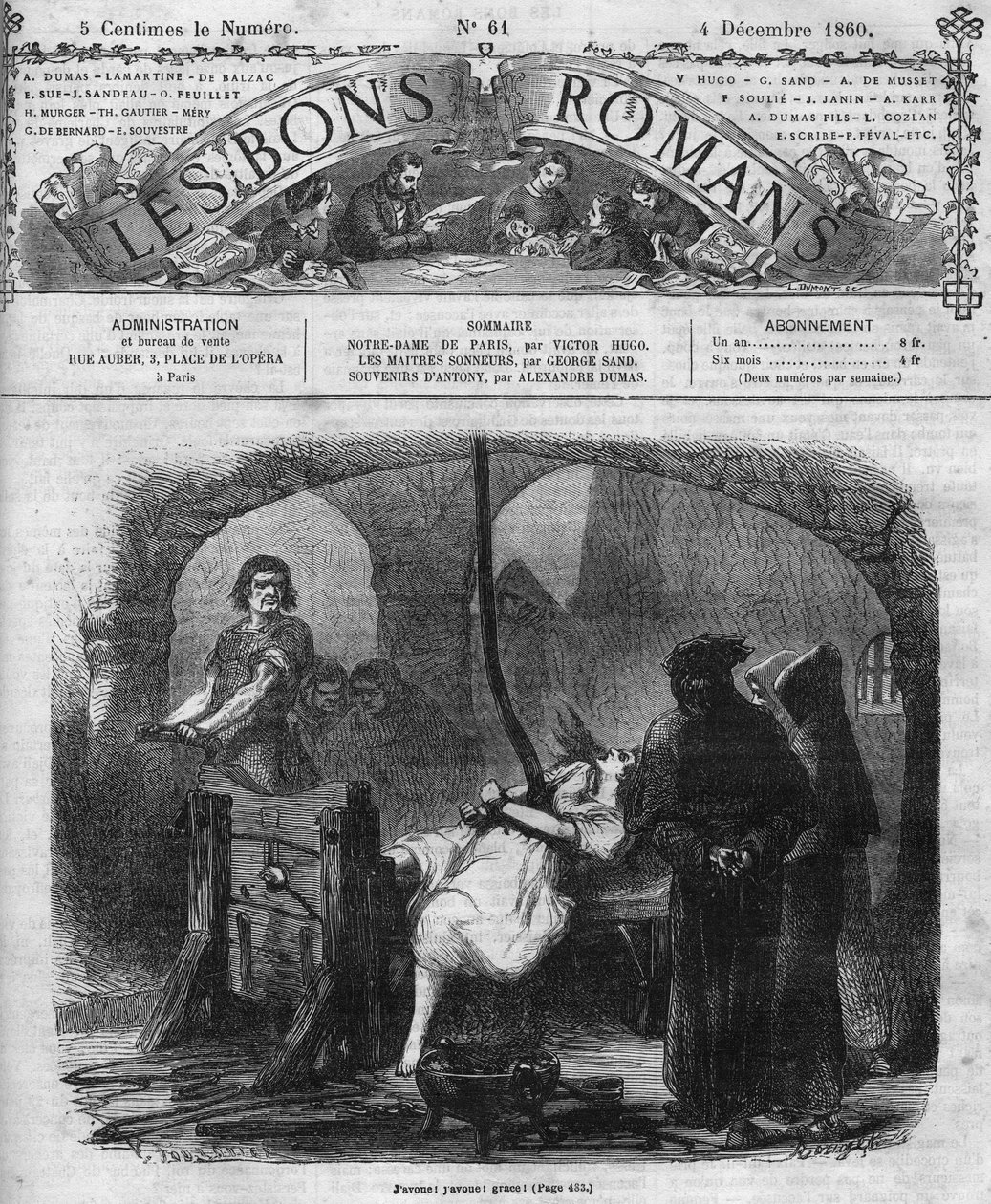 Serial rzymski: „”Notre Dame de Paris”” Victora Hugo (1802-1885). Przesłuchanie i tortury Esmeraldy. Grawerowanie w „”Les bons romance”” autorstwa French School
