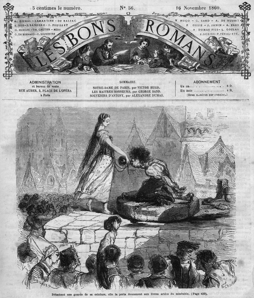Serial rzymski: „”Notre Dame de Paris”” Victora Hugo (1802-1885). Quasimodo i Esmeralda. Grawer w „”Les bons romance”” autorstwa French School