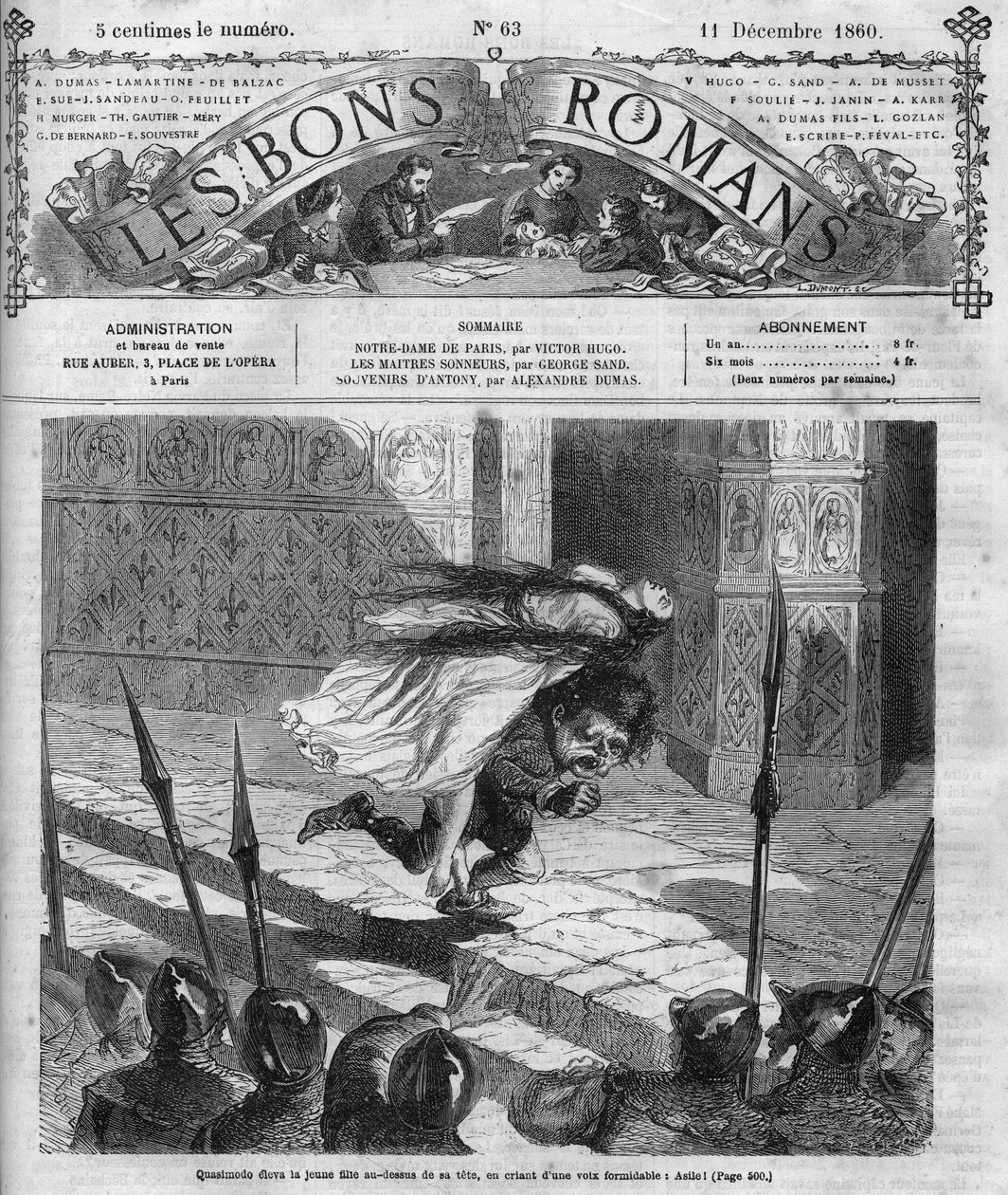 Serial rzymski: „”Notre Dame de Paris”” Victora Hugo (1802-1885). Quasimodo i Esmeralda. Grawer w „”Les bons romance”” autorstwa French School