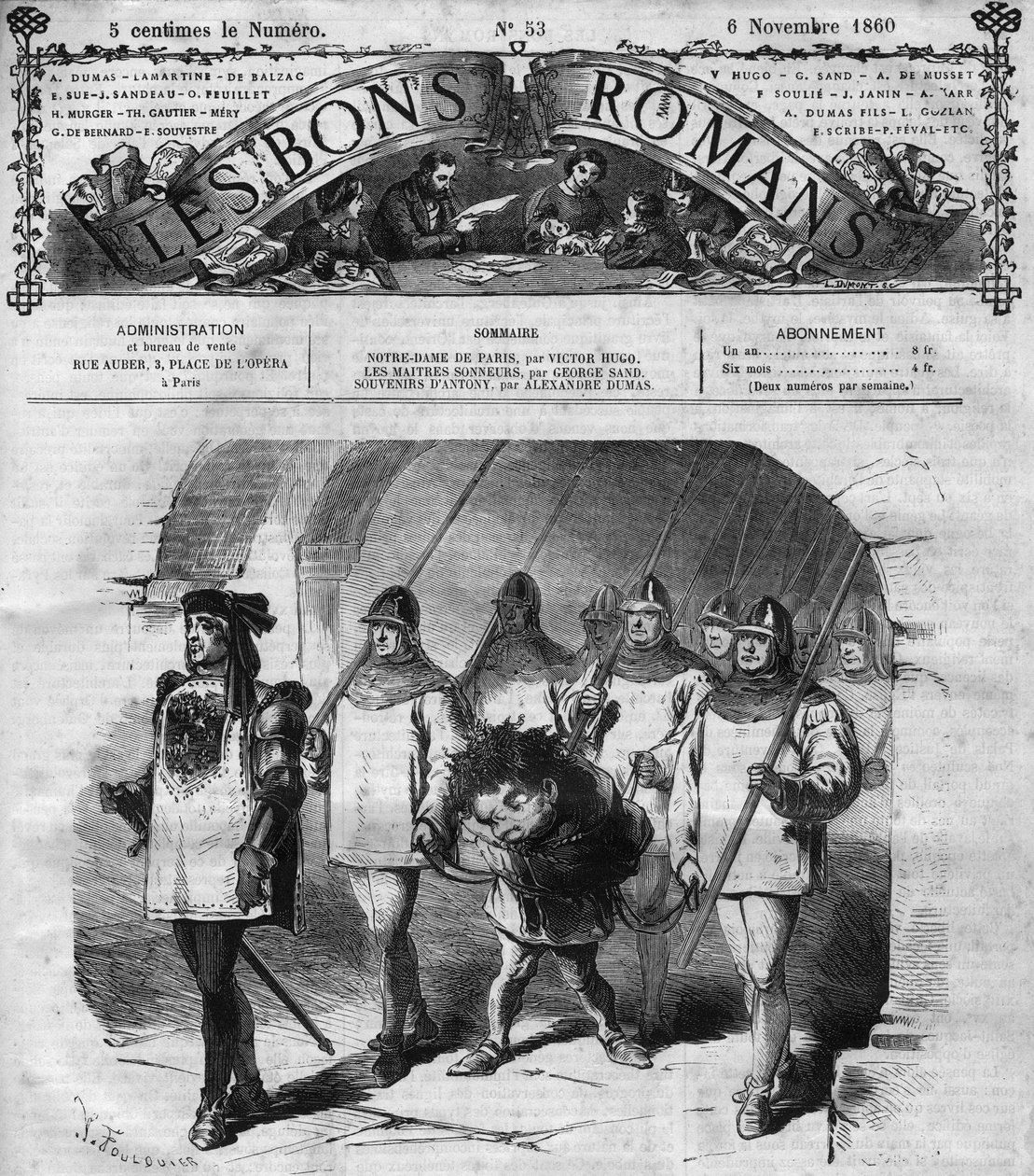 Powieść serial: „”Notre Dame de Paris”” Victora Hugo (1802-1885). Aresztowanie Quasimodo. Grawerowanie w „”Dobre romanse”” autorstwa French School