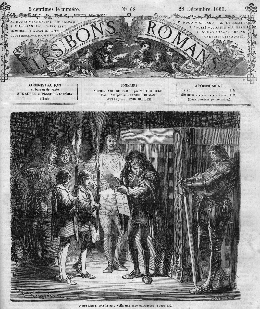 Serial rzymski: „”Notre Dame de Paris”” Victora Hugo (1802-1885). Król ogląda klatkę. Grawerowanie w „”Les bons romance”” autorstwa French School