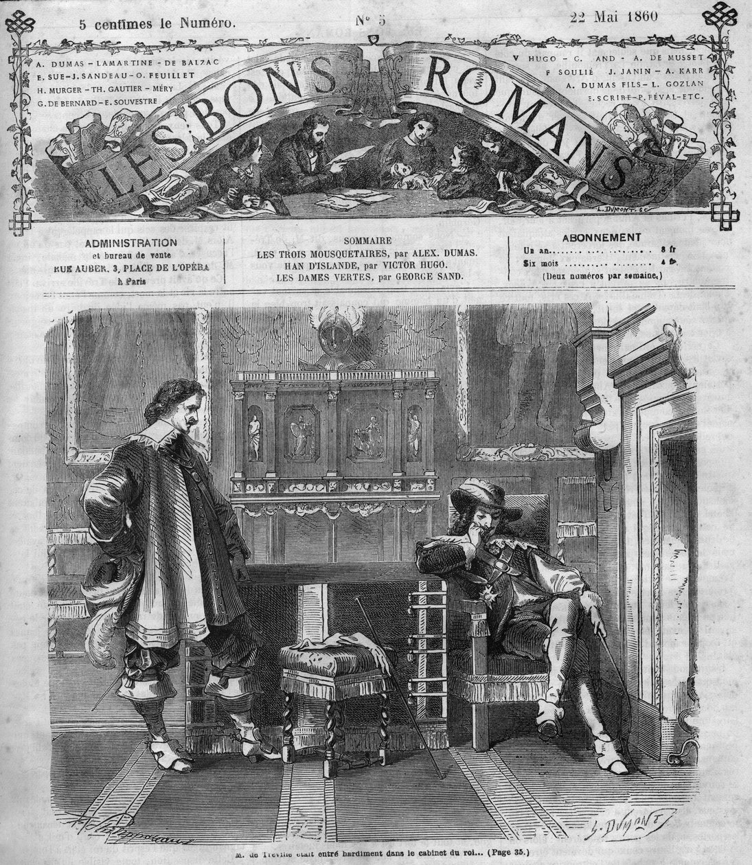 Serial rzymski: „Trzej muszkieterowie” Aleksandra Dumasa (1802-1870). Monsieur de Treville śmiało wraca do gabinetu króla. Grawer w „”Les bons romance”” autorstwa French School
