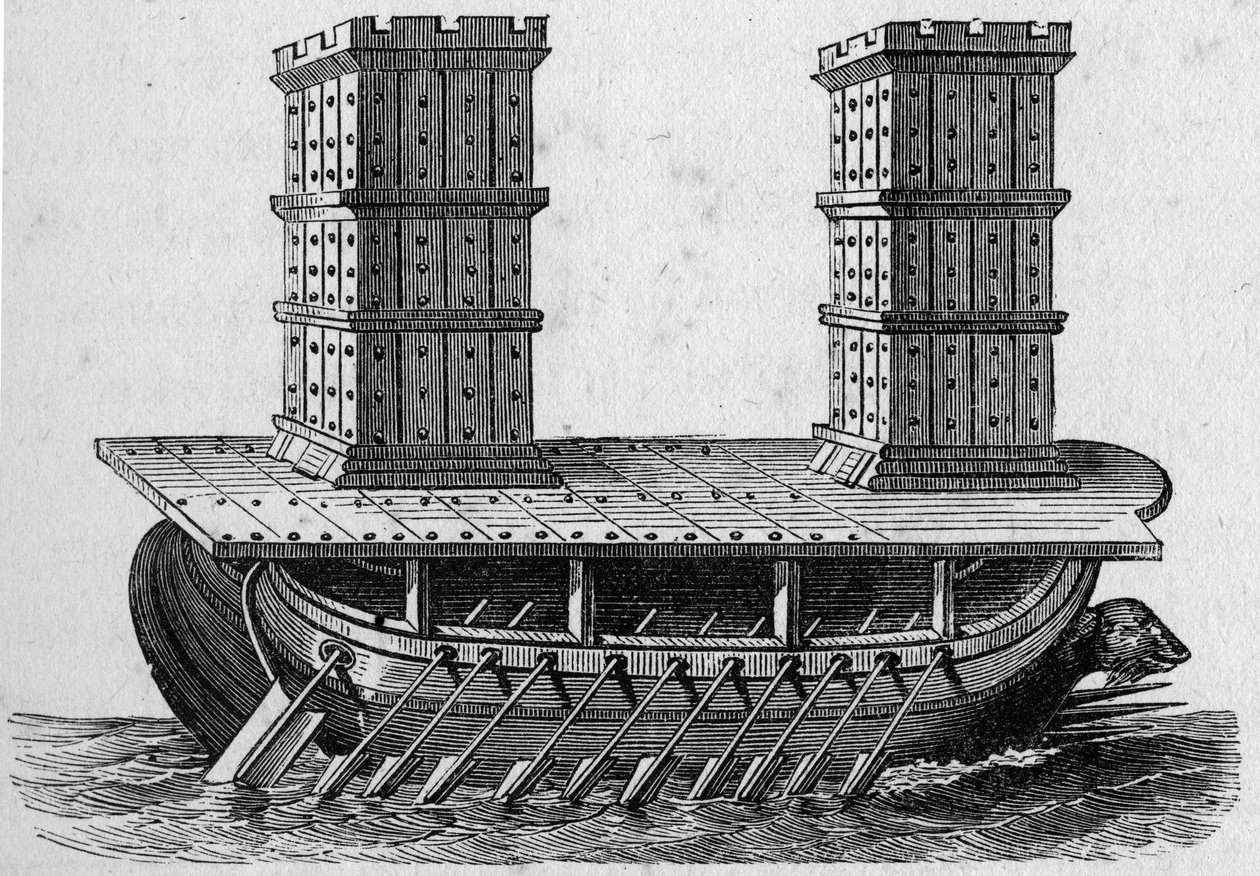 Rzymski statek ma wieże. Grawerowanie w „La Marine et les colonies: commerce autorstwa French School
