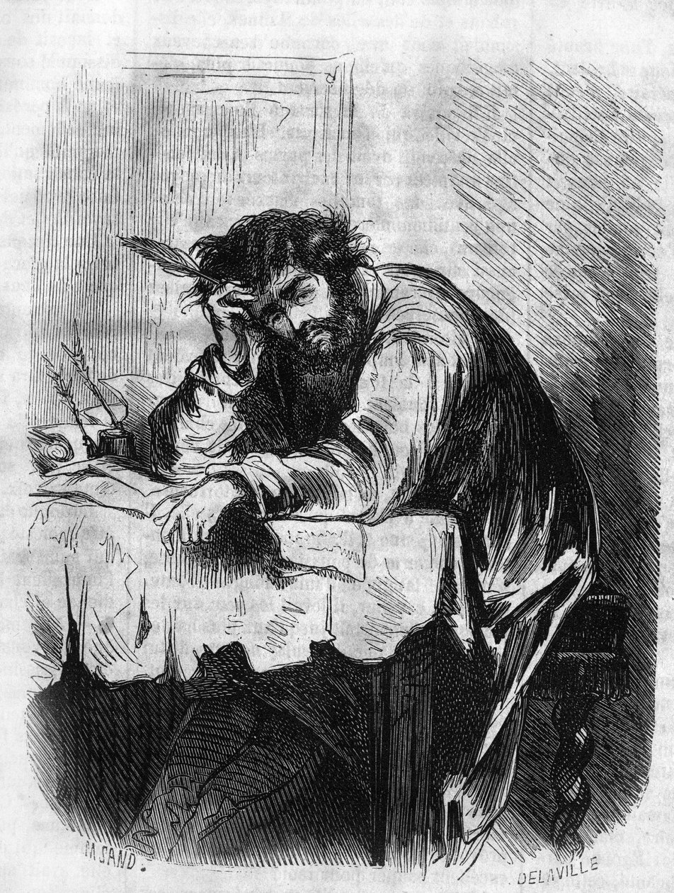 Rzymska opera mydlana: „Horace” George Sand (Aurore Dupin, Baronne Dudevant) (1804-1876). „Horace był zaangażowany w eseje literackie”. Grawer w „”Les bons romance”” autorstwa French School