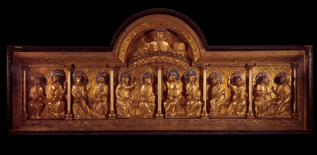 Sztuka romańska: ołtarz zielonoświątkowy: antependium z drewna, miedzi i emalii. Ze Stavelot (Moza) Około 1160-1170. Paryż, Narodowe Muzeum Średniowiecza, Thermes de Cluny autorstwa French School
