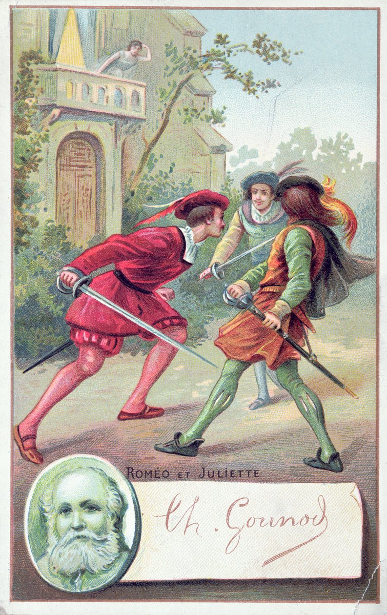 Romeo walczący z Tybaltem w operze Gounods Romeo i Julia na podstawie sztuki Williama Szekspira (1564-1616) autorstwa French School