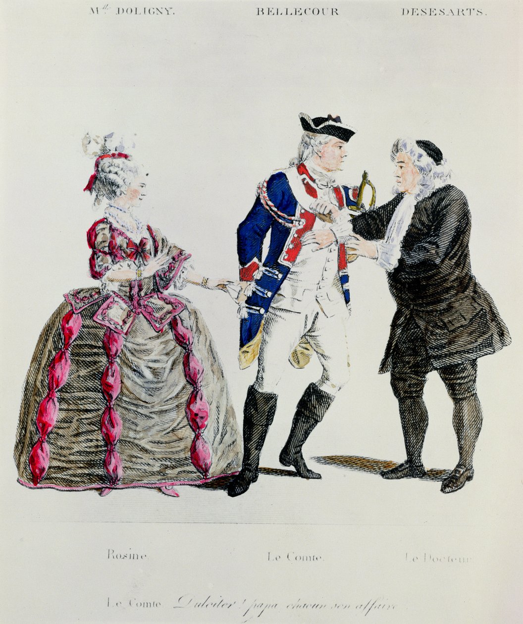 Rosine, Hrabia Almaviva i Doktor, scena z aktu II scena 13 Cyrulika sewilskiego Pierre Augustin Caron de Beamarchais (1732-99) autorstwa French School