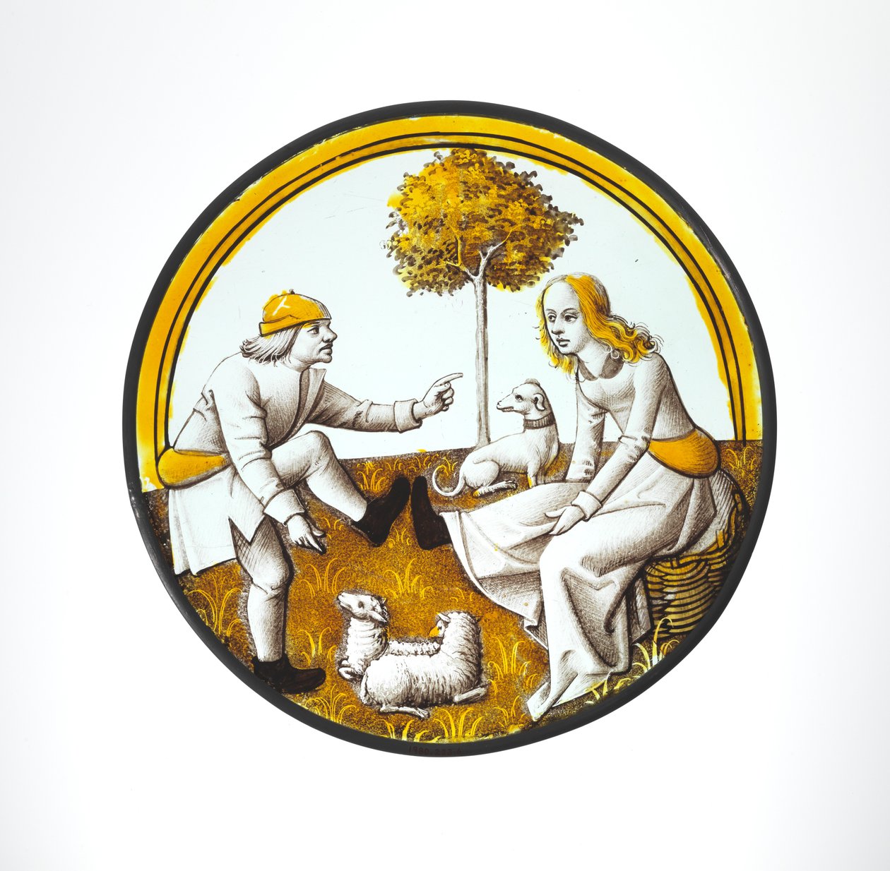 Roundel z parą bawiącą się w Quintain, ok. 1500 (szkło, farba szklista i srebrna bejca) autorstwa French School