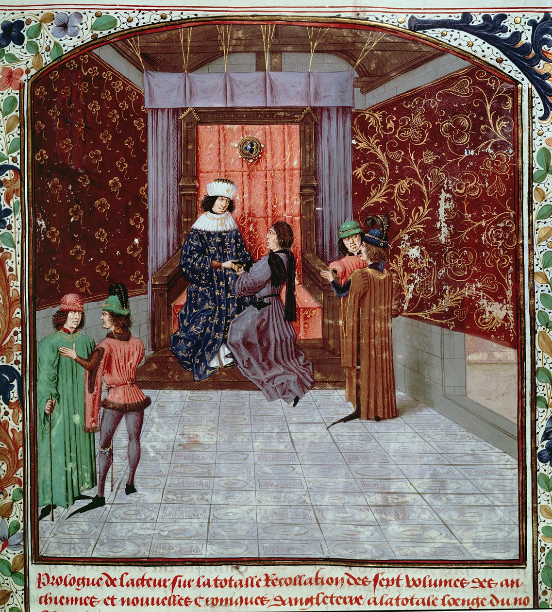 Roy 15 E IV f.14 Edward IV otrzymujący książkę od autora, z Old Chronicles of England, Jean Batard de Wavrin, c.1470-80 (welum) autorstwa French School
