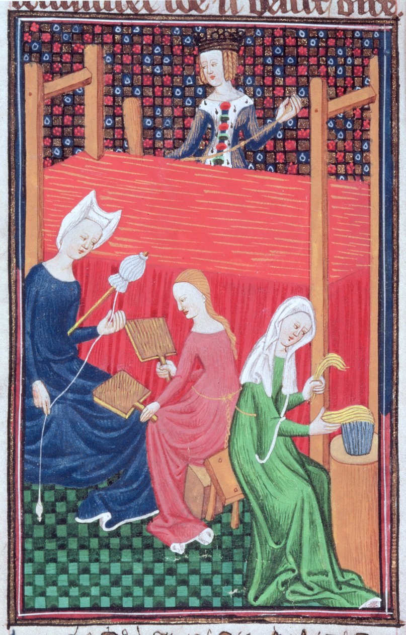 Roy 16 G V f.56 Gaia Caecilia lub Tanaquil, z krosnem i przędzarkami, z „De Claris Mulierbus” (welum) autorstwa French School