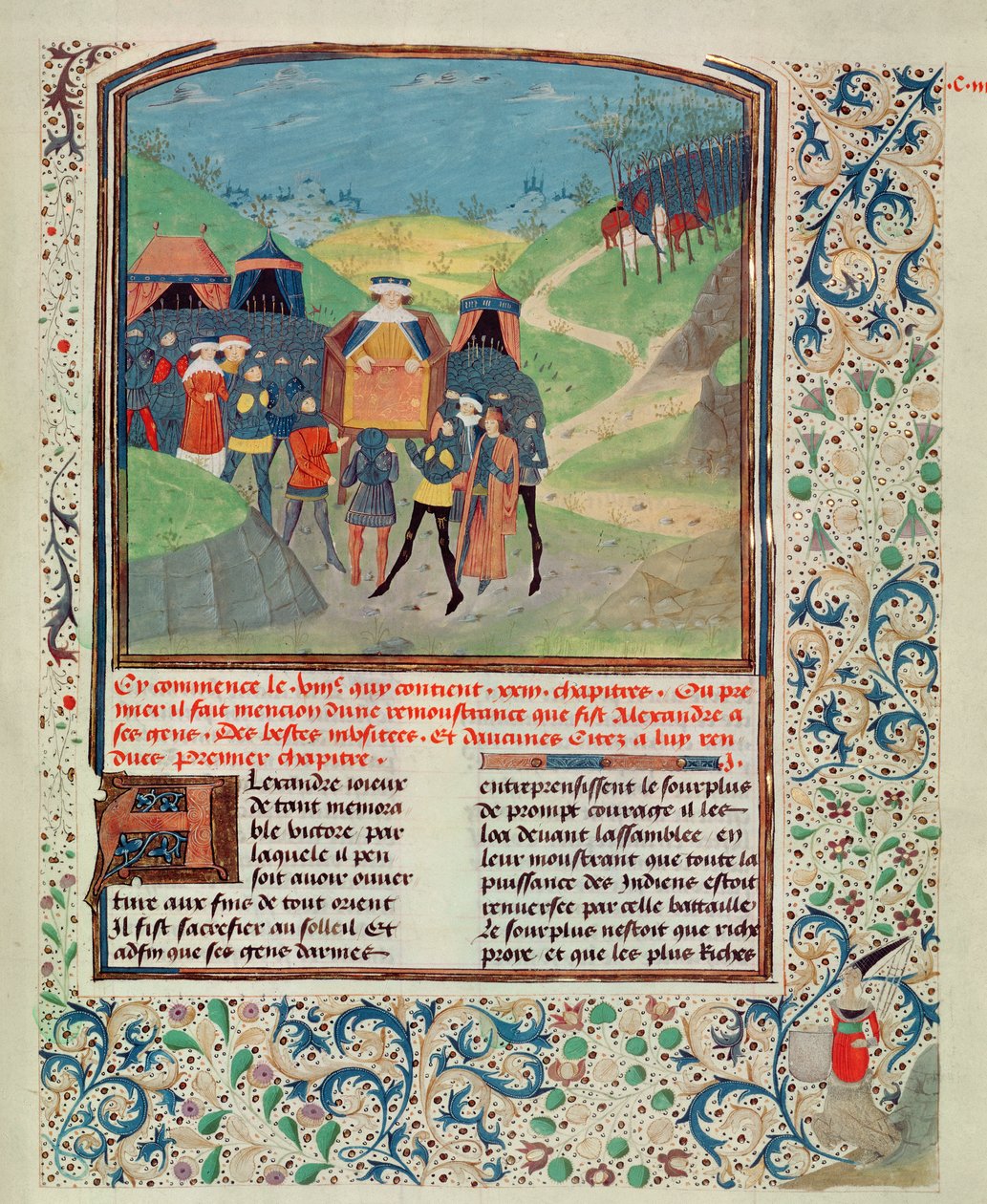 Roy 17 FI f.198 Aleksander Wielki zwracający się do swoich ludzi w nadziei na przekonanie ich do kontynuowania podróży do Indii, z Quinte Curse Ruffe des Fais du Grant Alexandre, c.1468 (welum) autorstwa French School