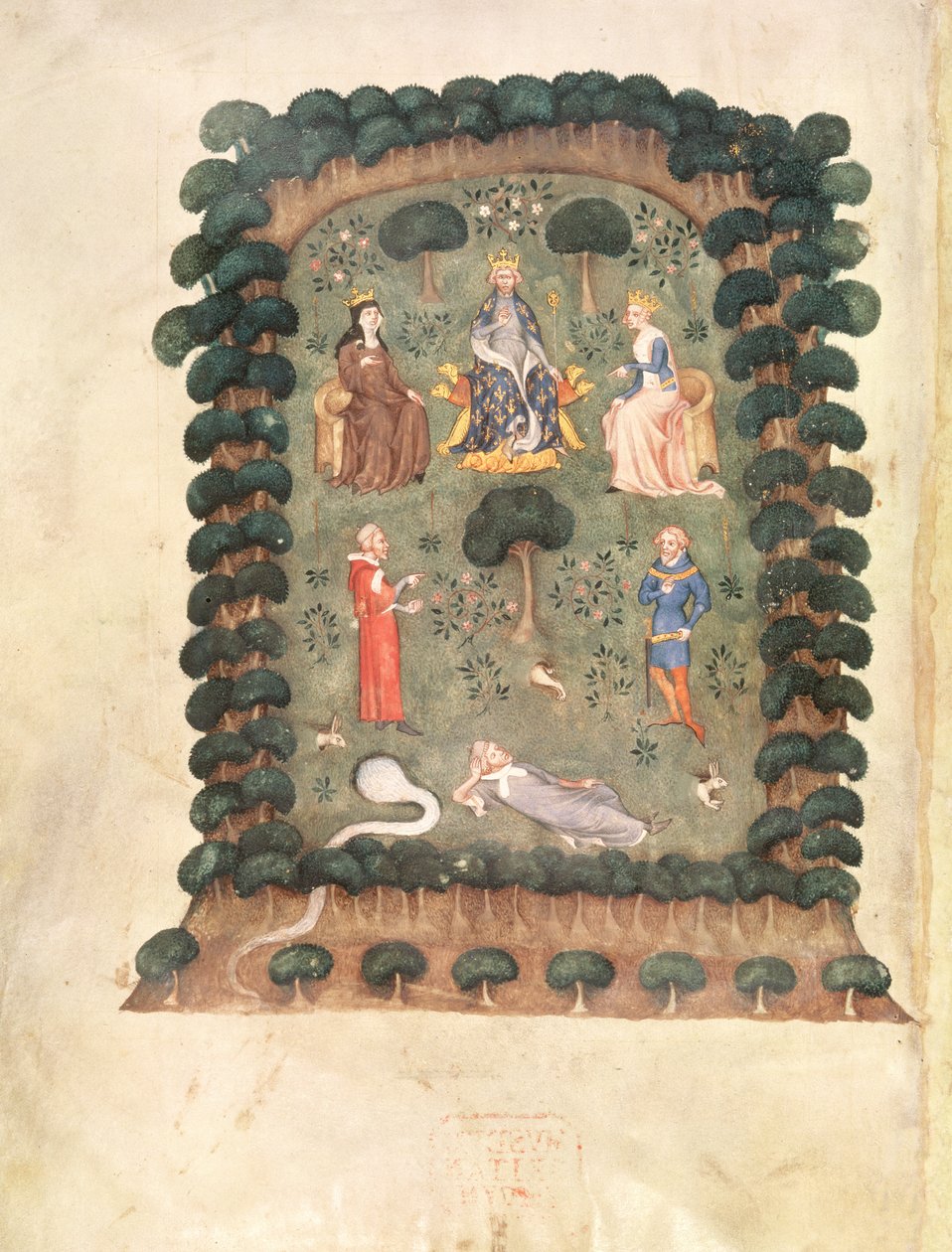 Roy 19 C IV f.298 Karol V intronizowany w ogrodzie z koroną i berłem ze „Snu sadownika” autorstwa French School