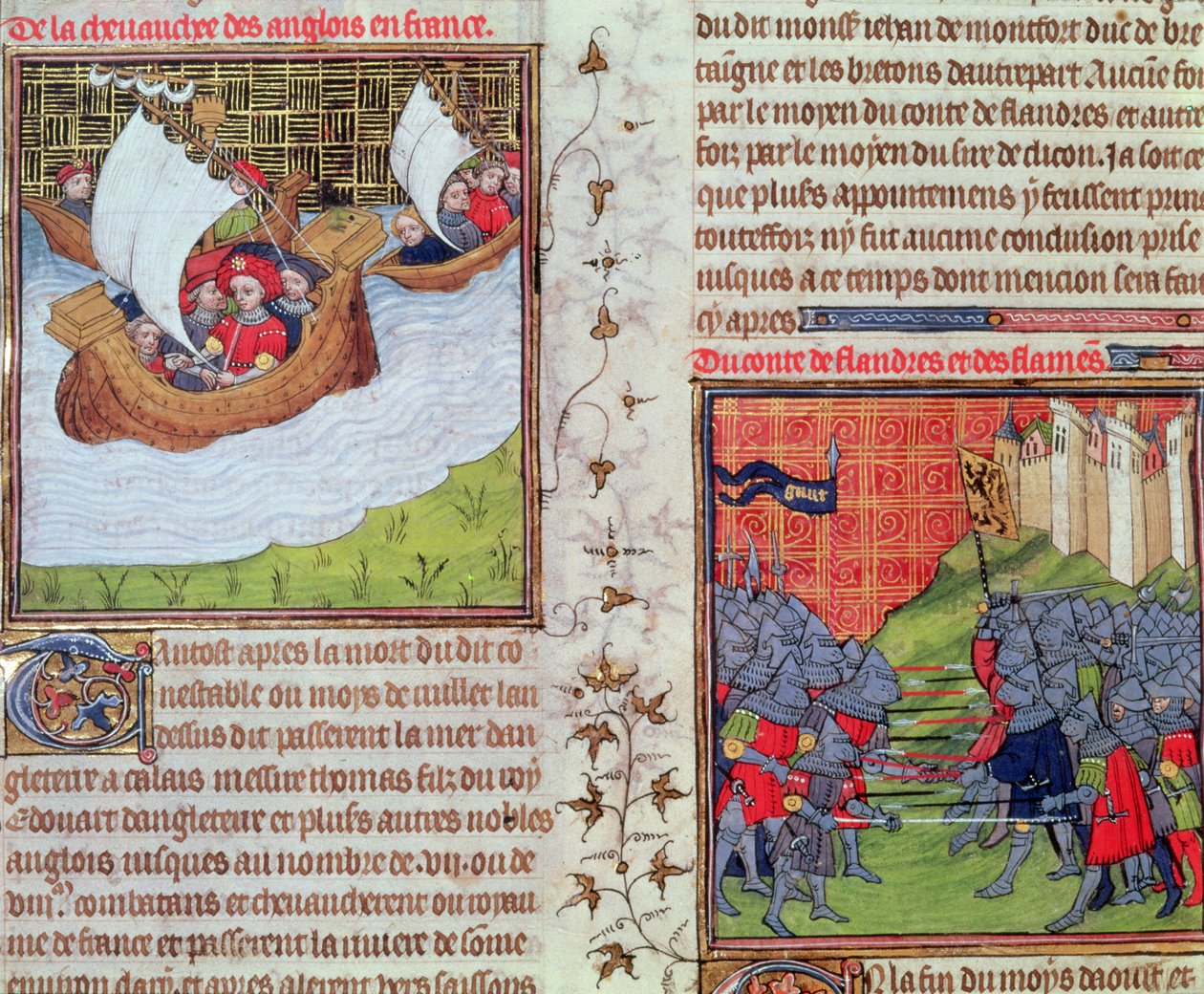 Roy 20 C VII f.219v Anglicy na morzu i bitwa ludzi z Gandawy i hrabiego Flandrii, koniec XIV wieku (welum) autorstwa French School