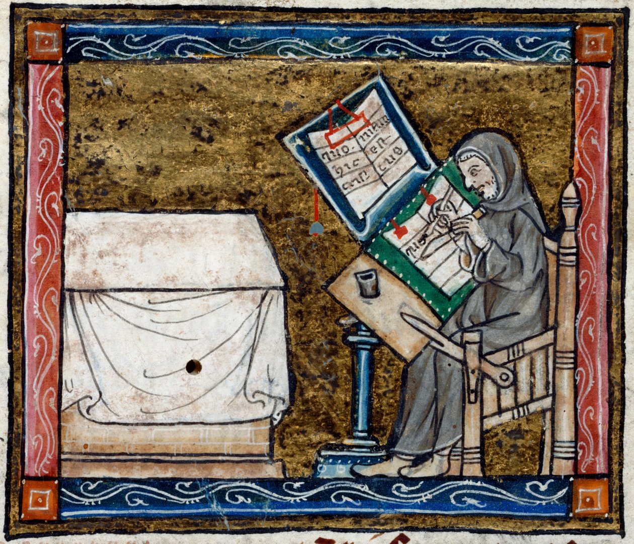 Royal 14 E. III, f.6v Skryba kopiująca z odpisu, ilustracja z „Historia Świętego Graala”, ok. 1315 (welum) autorstwa French School