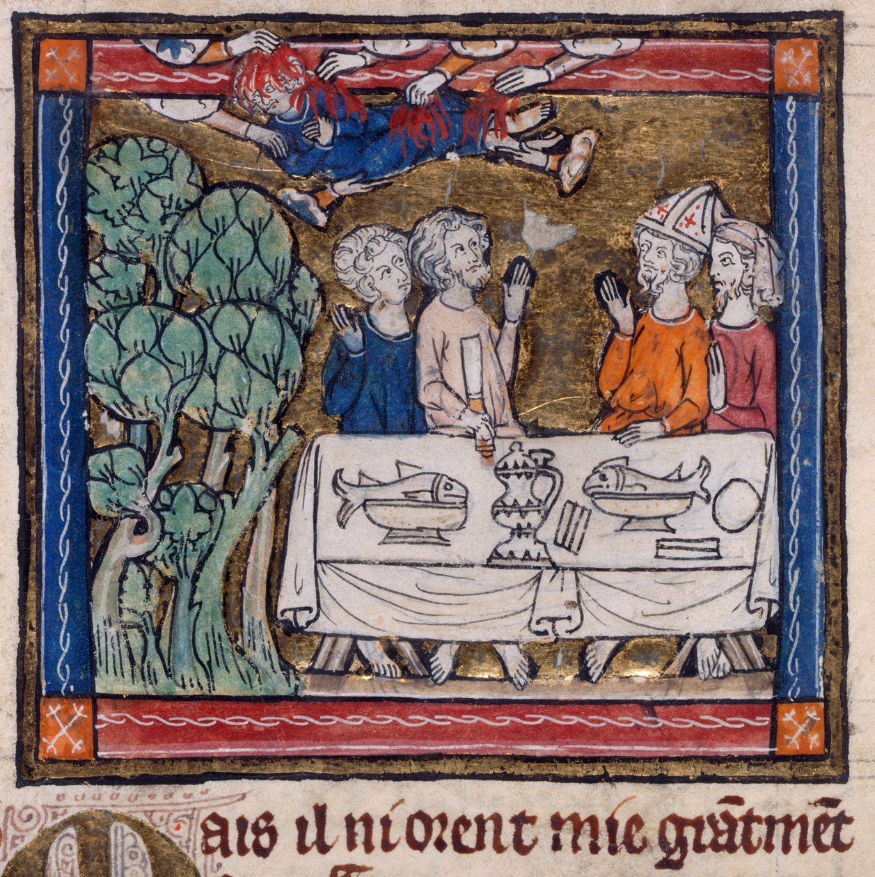 Royal 14 E. III, f.76v Seven Hands Cast Fire on Moys, ilustracja z „Historia Świętego Graala” (welin) autorstwa French School