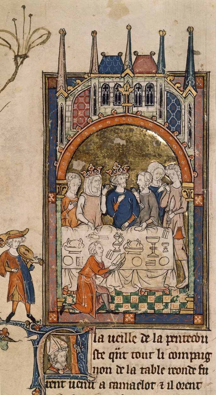 Royal 14 E. III, f.89, Uczta Króla Artura, Król Artur i Ginewra na bankiecie, ze służącym klęczącym przed stołem krojącym chleb, z „La Queste del Saint Graal”, c.1315-25 (welin ) autorstwa French School