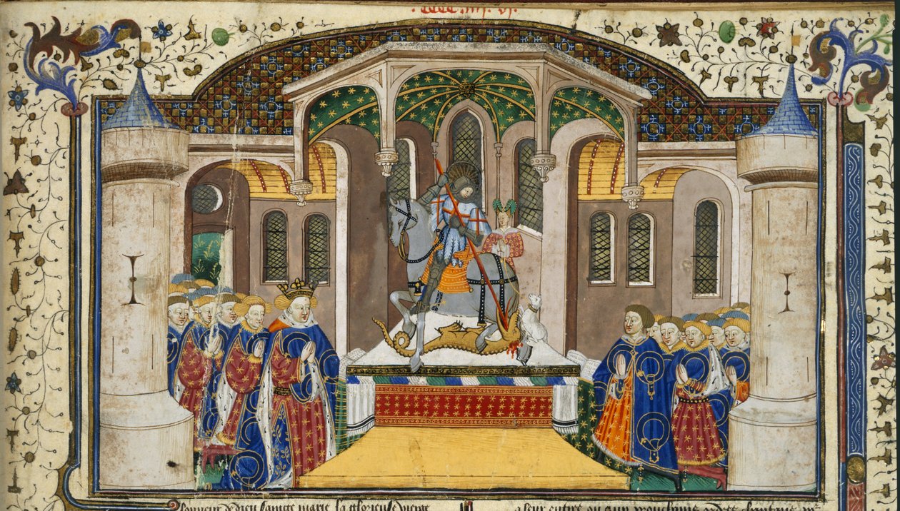 Royal 15 E. VI, f. 439 Król Henryk VI i rycerze zgrupowani wokół ołtarza, który jest zwieńczony przez św. Jerzego i smoka, z „Księgi romansów Shrewsbury Talbot”, Rouen, ok. 1445 złoto na pergaminie) autorstwa French School