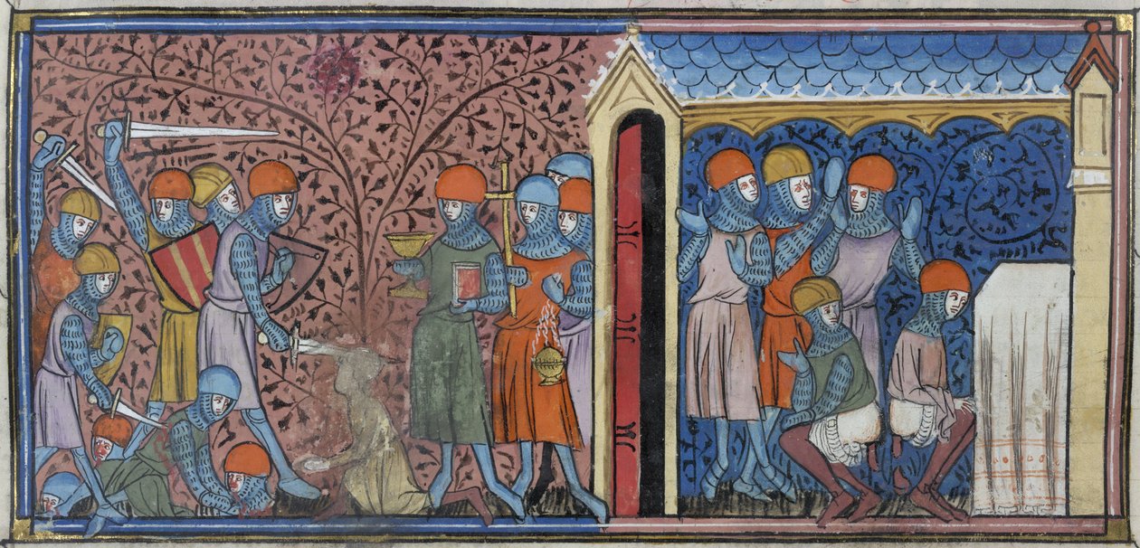 Royal 16 G. VI, f.185v Najazd na Mansur w Kordobie, ilustracja z „Chroniques de France ou de Saint Denis” (welin) autorstwa French School