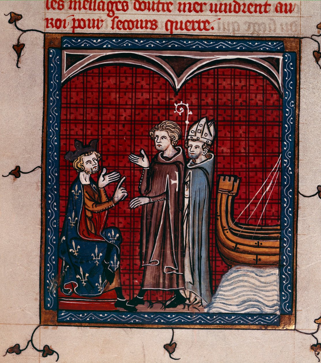 Royal 16 G. VI, f.337 Król Filip II i Patriarcha, ilustracja z „Chroniques de France ou de Saint Denis” (welum) autorstwa French School