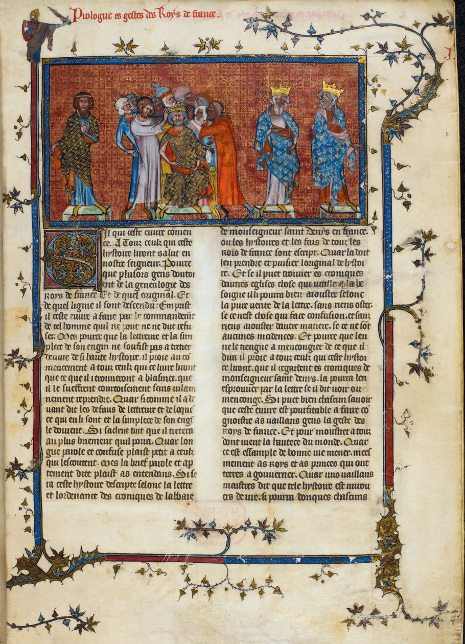 Royal 16 G. VI, f.3 Koronacja Faramonda, ilustracja z „Chroniques de France”, c.1332 (welum) autorstwa French School